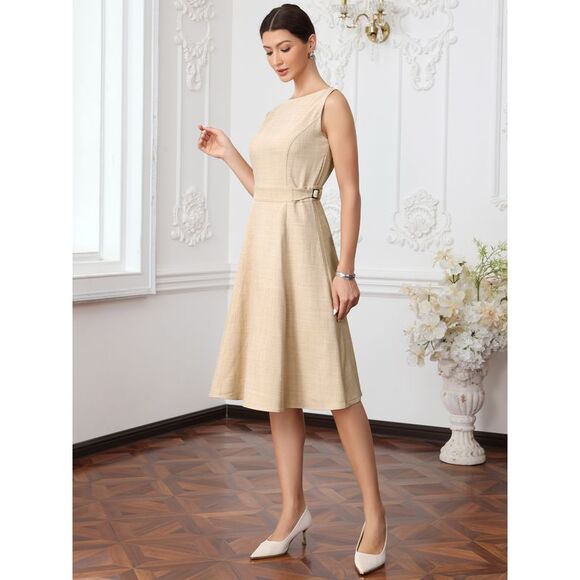 Women Linen Dress Sleeveless Boat Neck Adjustable Waist A Line Dress Beige - Picture 4 of 5